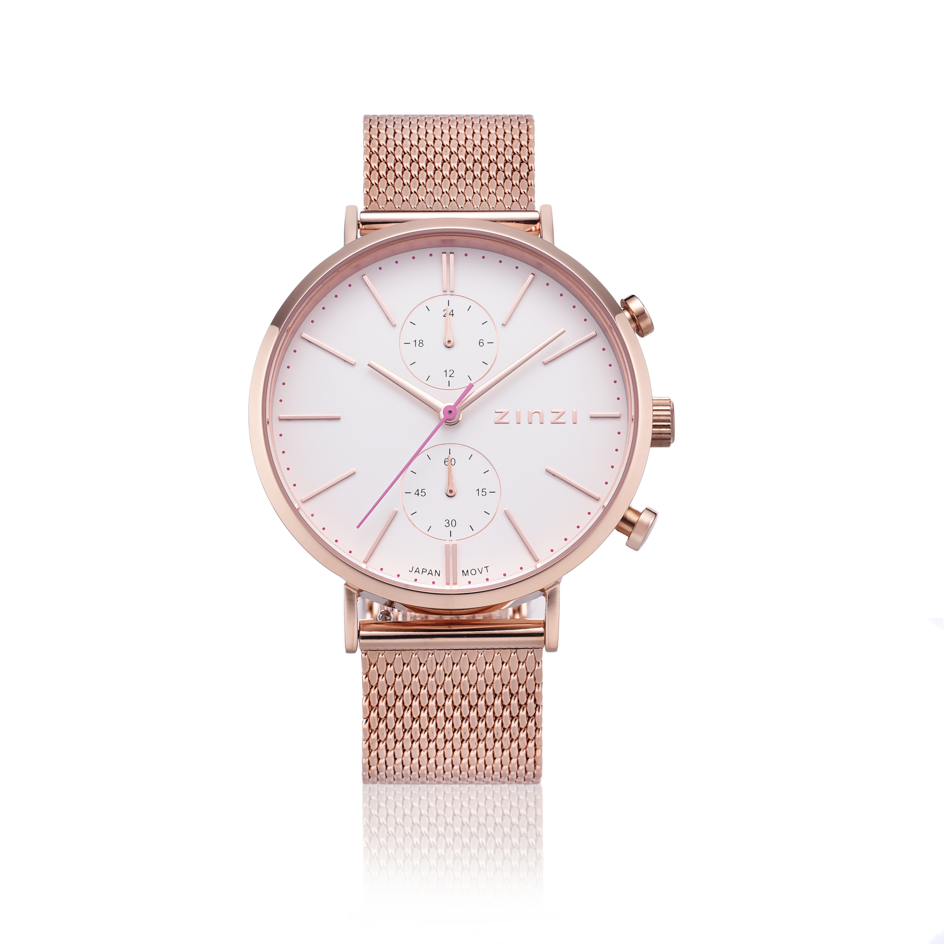 ZINZI Traveller Uhr  weißes Zifferblatt und roségoldfarbenes Gehäuse Stahlgitterband roségoldfarben 39mm dual time ZIW708M