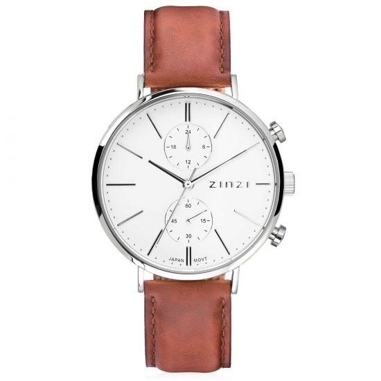 ZINZI Man watch Traveller white  weißes Zifferblatt Stahlgehäuse braunes Ledeband 39mm dual time ZIW740