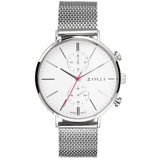 ZINZI Traveller Uhr  weißes Zifferblatt und Gehäuse Stahlgitterband 39mm dual time ZIW706M