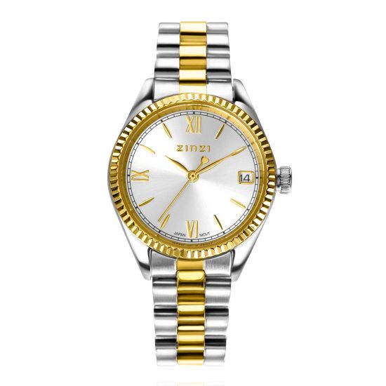 ZINZI Iconic Uhr 30mm mit Datum, goldfarbene geriffelte Lünette, silberfarbenes Zifferblatt und Edelstahl-Bicolor-Gliederarmband ZIW2233