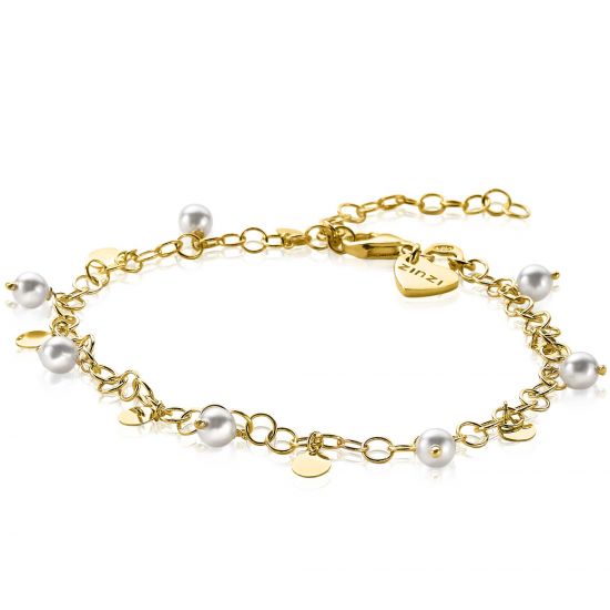 ZINZI silbernes Fantasie Armband 14K gelb vergoldet runde Glieder weiße Perlen ZIA2186G