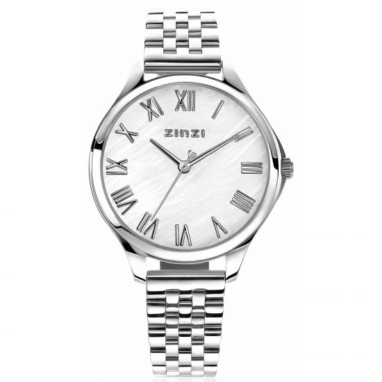 "ZINZI Uhr JULIA 34mm  weißes Perlmutt Zifferblatt römische Zahlen Stahlgehäuse und Band ziw1117"