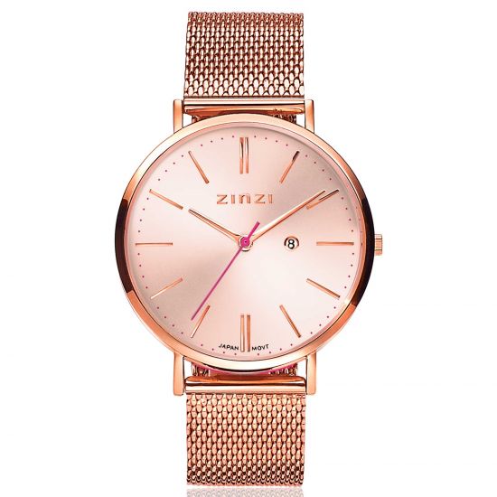 ZINZI Retro Uhr roségoldfarbenes Zifferblatt und Gehäuse Stahlgitterband roségoldfarben 38mm extra dünn ZIW405M