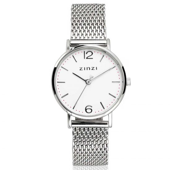 ZINZI Lady Uhr  weißes Zifferblatt Stahlgehäuse  Stahlgitterband 28mm extra dünn ZIW606M