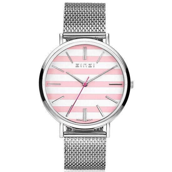 "Zinzi Retro Uhr rosa-weiß gestreifte Zifferblatt silberfarbenes Gehäuse Stahlgitterband 38mm extra dünn ZIW419M"