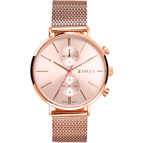 ZINZI Traveller Uhr roségoldfarbenes Zifferblatt und Gehäuse Stahlgitterband roségoldfarben 39mm dual time ZIW705M