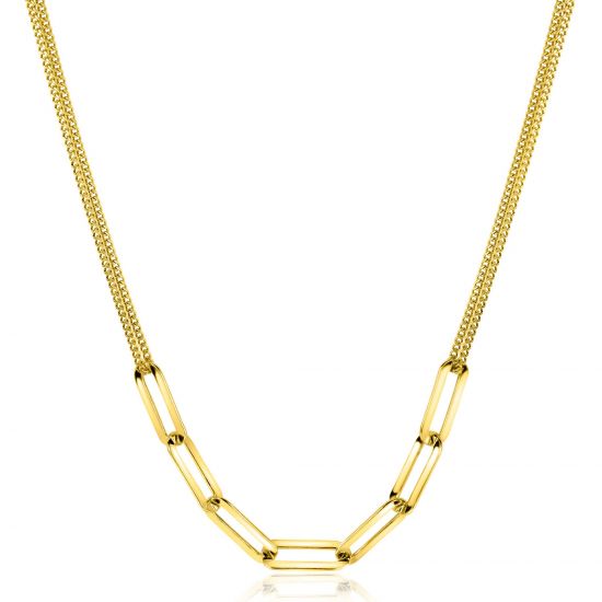 ZINZI Silberhalskette 14 Karat Gelbgold vergoldete Doppelkette mit Paperclip Gliedern 40-45cm ZIC2262G