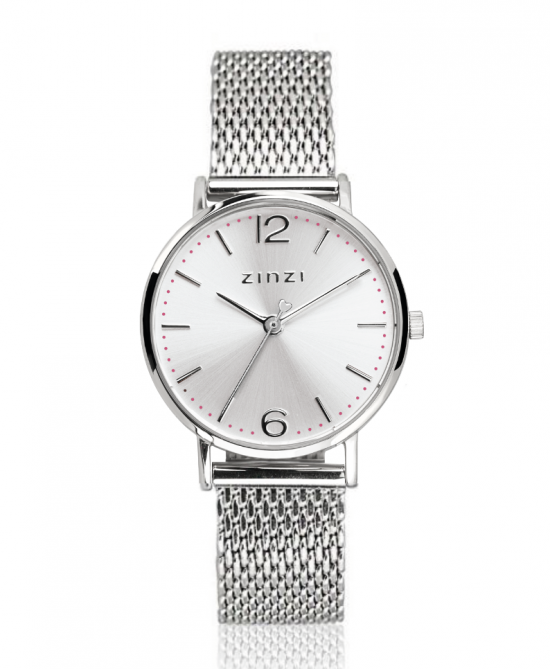 ZINZI Lady Uhr silberfarbenes Zifferblatt und Gehäuse Stahlgitterband 28mm extra dünn ZIW602M