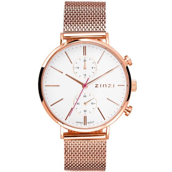 ZINZI Traveller Uhr  weißes Zifferblatt und roségoldfarbenes Gehäuse Stahlgitterband roségoldfarben 39mm dual time ZIW708M