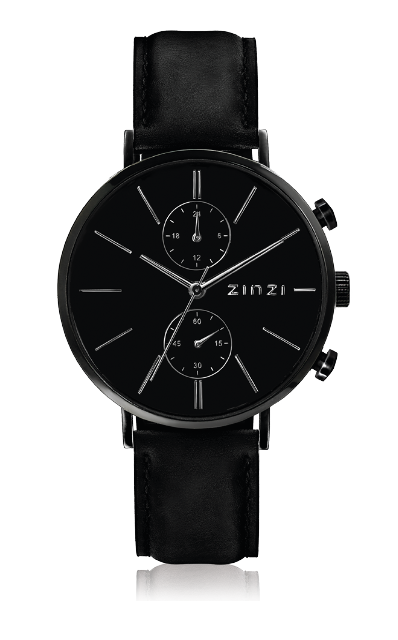 ZINZI Man watch Traveller black schwarzes Zifferblatt mattschwarzes Stahlgehäuse schwarzes Lederband 39mm dual time ZIW750