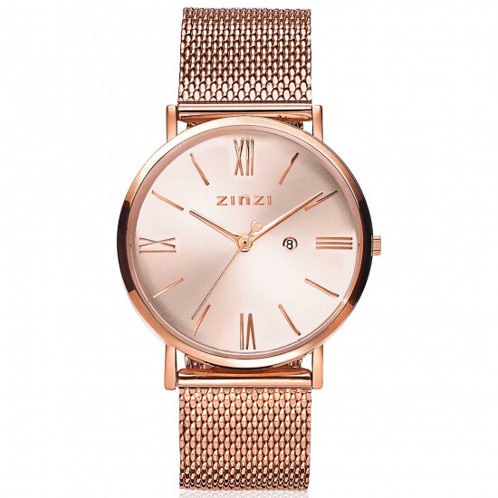 ZINZI Roman Uhr roségoldfarbenes Zifferblatt und Gehäuse Stahlgitterband roségoldfarben 34mm extra dünn ZIW505M