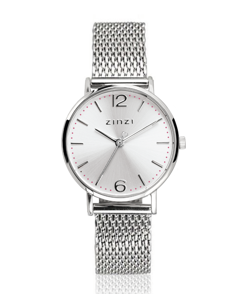 ZINZI Lady Uhr silberfarbenes Zifferblatt und Gehäuse Stahlgitterband 28mm extra dünn ZIW602M